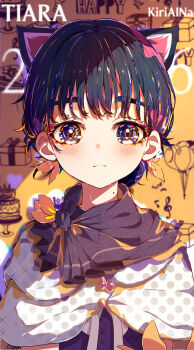 1girl absurdres animal_ears artist_name basori_tiara black_hair blush cat_ears cat_girl character_name closed_mouth commentary dot_nose extra_ears grey_eyes highres kiriaina looking_at_viewer make_heroine_ga_oo_sugiru! shirt short_hair solo upper_body white_shirt