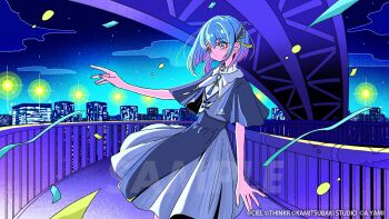 1girl blue_eyes blue_hair blue_nails brooch capelet ciel_(kamitsubaki_studio) cityscape closed_mouth commentary confetti gradient_hair gradient_sky grey_capelet grey_skirt hair_between_eyes hair_ornament high_collar highres jewelry kamitsubaki_studio looking_ahead loose_hair_strand multicolored_hair nakazawa_ayami night night_sky outdoors outstretched_arm railing short_hair skirt sky skyline solo streamers tassel virtual_youtuber