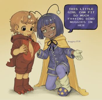 2girls age_difference assisted_exposure bare_stomach belly black_eyes blonde_hair blue_hair blue_jacket blue_pants blue_slippers boots brown_boots brown_onesie cape child clenched_teet cookie costume dandy&#039;s_world dark-skinned_female dark_skin elementary_school_age fake_tail flat_chest food freckles gloves grey_eyes hairband highres holding holding_food jacket kneeling legs_together long_sleeves looking_at_viewer looking_down multiple_girls navel onesie open_clothes open_onesie pale_skin pants partially_undressed preschooler shelly_(dandy&#039;s_world) short_sleeves simple_background slippers smile snugglepuff28 socks standing tail tongue tongue_out unbuttoned undressing_another vee_(dandy&#039;s_world) watermark white_gloves white_socks yellow_cape