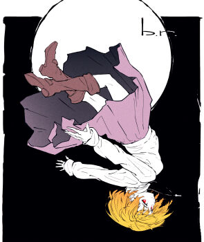 1girl arcueid_brunestud blonde_hair boots breasts brown_boots highres initial jewelry large_breasts long_skirt long_sleeves looking_at_viewer red_eyes rockmor short_hair skirt smile solo sweater tsukihime tsukihime_(remake) turtleneck turtleneck_sweater upside-down