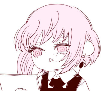 1girl chainsaw_man chibi chibi_only collared_shirt deer60868637 dress earrings fami_(chainsaw_man) fourth_east_high_school_uniform holding holding_paper jewelry limited_palette medium_hair mole mole_under_eye multiple_moles open_mouth paper pinafore_dress purple_eyes purple_hair school_uniform shirt sleeveless sleeveless_dress solo