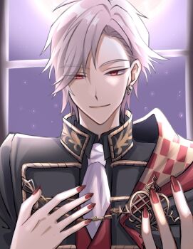 1boy black_shirt commentary_request earrings highres ikemen_villain jewelry male_focus nail_polish necktie night red_eyes red_nails shirt short_hair white_hair white_necktie william_rex
