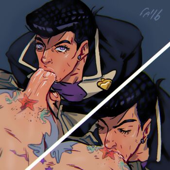 2016 2boys black_hair blue_background dated deepthroat erection closed_eyes fellatio garikaliev higashikata_josuke jojo_no_kimyou_na_bouken large_penis looking_at_viewer male_focus multiple_boys oral penis pov pubic_hair saliva simple_background solo_focus tattoo yaoi