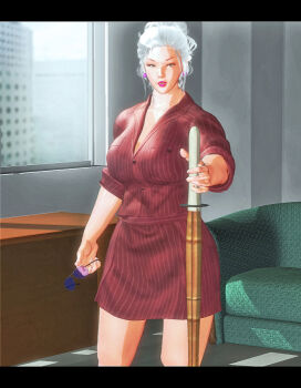 1girl breasts earrings formal_clothes holding holding_removed_eyewear jewelry kill_the_king large_breasts letterboxed lipstick makeup mature_female pinstripe_pattern skirt skirt_suit solo striped suit sunglasses sword unworn_eyewear weapon white_hair