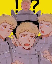 Rule 34 | !?, 4boys, armor, beard stubble, blonde hair, constricted pupils, drooling, dungeon meshi, facial hair, hand up, highres, laios touden, looking at another, looking at viewer, male focus, multiple boys, multiple persona, open mouth, pauldrons, saliva, short hair, shoulder armor, simple background, stubble, very short hair, wall-eyed, yellow background, yellow eyes, zarame pfpf