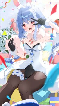 Rule 34 | 1girl, absurdres, black gloves, black leotard, blue hair, bouquet, bow, breasts, carrot hair ornament, commentary request, confetti, don-chan (usada pekora), flower, food-themed hair ornament, fur-trimmed gloves, fur trim, gloves, hair bow, hair ornament, highres, holding, holding bouquet, hololive, leotard, long hair, medium breasts, multicolored hair, open mouth, pantyhose, red eyes, solo, streaked hair, symbol-shaped pupils, teeth, upper teeth only, usada pekora, v, v over eye, virtual youtuber, visitofsiki, white bow, white flower, white hair