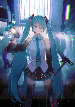 1girl absurdres aqua_eyes aqua_hair aqua_nails aqua_necktie backlighting bare_shoulders black_sleeves black_thighhighs breasts chromatic_aberration commentary crowd detached_sleeves glitch grey_shirt hair_between_eyes hatsune_miku headphones headset highres holding holding_megaphone holding_microphone_stand long_hair looking_at_viewer maria_onnette megaphone microphone microphone_stand multicolored_eyes necktie number_tattoo rain shirt silhouette skirt smile solo_focus standing tattoo thighhighs tsurime twintails umbrella upper_body urban very_long_hair vocaloid wire