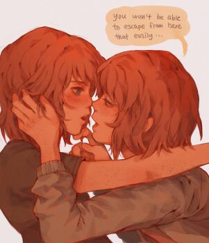 2girls black_shirt blue_eyes blush body_freckles brown_hair character_request check_character commentary corrupted_twitter_file english_commentary english_text eye_contact freckles from_side grey_shirt hand_in_another&#039;s_hair hand_on_another&#039;s_chin highres imminent_kiss kate_marsh life_is_strange_(series) life_is_strange_1 long_sleeves looking_at_another max_caulfield maxcrackfield multiple_girls open_mouth shirt short_hair short_sleeves speech_bubble upper_body warm_colored white_background yuri