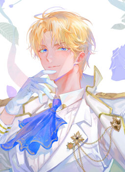 1boy alberu_crossman ascot bishounen blonde_hair blue_ascot blue_eyes closed_mouth commentary_request eau_de_mushroom flower formal_clothes gloves highres jacket korean_commentary long_sleeves looking_at_viewer lout_of_count&#039;s_family male_focus parted_bangs shirt short_hair smile solo suit upper_body white_background white_gloves white_jacket white_shirt white_suit