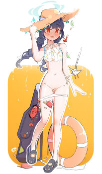 1girl accidental_exposure adjusting_clothes adjusting_headwear assisted_exposure bare_shoulders bikini bird black_hair black_shoes blue_archive blunt_bangs blush braid convenient_censoring crab embarrassed food french_fries full_body grey_halo halo hand_up hat highres innertube leaf leaf_print long_hair looking_at_viewer miyu_(blue_archive) miyu_(swimsuit)_(blue_archive) nanhui_(pixiv_25128899) navel neck_ribbon official_alternate_costume open_mouth orange_background panties panty_pull pussy pussy_peek red_eyes ribbon seagull shoes simple_background solo standing standing_on_one_leg stomach straw_hat sun_hat swim_ring swimsuit two-tone_background underwear white_background white_bikini white_ribbon