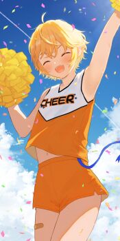 Rule 34 | 1boy, :d, ^ ^, absurdres, ahoge, alternate costume, aotu world, arm up, armpits, bandaid, bandaid on leg, bandaid on thigh, bare shoulders, blonde hair, blue sky, blush, cheering, cheerleader, closed eyes, clothes writing, cloud, cloudy sky, commentary, confetti, cowboy shot, crossed bangs, day, facing viewer, fangs, hair between eyes, highres, holding, king (aotu world), male focus, midriff, midriff peek, navel, open mouth, orange shirt, orange shorts, outdoors, pointy ears, pom pom (cheerleading), shirt, short hair, short shorts, shorts, sky, sleeveless, sleeveless shirt, smile, solo, standing, sweat, teeth, thighs, trap, untranslatable commentary, velvet11