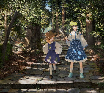 2girls :d animal_print bare_shoulders black_shoes blonde_hair blue_shoes blue_skirt brown_hat closed_mouth collared_shirt commentary_request dappled_sunlight day detached_sleeves forest frog_hair_ornament frog_print full_body gohei green_eyes green_hair hair_ornament hair_ribbon hair_tubes hands_on_own_hips hat highres holding holding_gohei kochiya_sanae long_hair long_sleeves looking_at_another marker_(medium) moriya_suwako multiple_girls nature open_mouth outdoors path purple_skirt purple_vest red_ribbon ribbon road shiratama_(hockey) shirt shoes single_hair_tube skirt sleeveless sleeveless_shirt smile snake_hair_ornament socks stairs sunlight thighhighs touhou traditional_media tree tress_ribbon vest white_shirt white_sleeves white_socks white_thighhighs wide_sleeves yellow_eyes