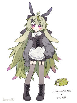 1girl 1other :/ absurdres ahoge animal animal_ears ankle_boots apron artist_name black_boots black_bow black_corset black_shorts blush boots bow bowtie colored_tips commentary corset creature_and_personification dot_nose expressionless flat_chest frilled_apron frills full_body garter_straps gradient_hair green_hair grey_shirt grey_thighhighs hair_between_eyes hair_bow highres komerina large_bow long_hair long_sleeves looking_at_viewer maid maid_apron messy_hair multicolored_hair no_pupils original personification puffy_long_sleeves puffy_sleeves purple_eyes purple_hair raised_eyebrows sea_slug sea_slug_ears sea_slug_girl shirt shorts sidelocks simple_background sleeves_past_fingers sleeves_past_wrists standing thighhighs translated two-tone_hair unconventional_maid very_long_hair waist_apron white_apron white_background white_bow white_bowtie
