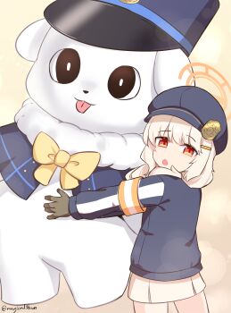 1girl aoba_(blue_archive) artist_name black_hat blonde_hair blue_archive brown_gloves commentary_request gloves halo hat highres holding holding_stuffed_toy loli long_hair long_sleeves looking_at_viewer open_mouth orange_halo peaked_cap simple_background skirt solo stuffed_animal stuffed_toy threeboon