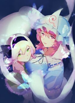 Rule 34 | 2girls, :o, artist name, blue kimono, bug, butterfly, commentary, frills, from above, green eyes, green skirt, green vest, hair between eyes, hairband, hat, highres, hitodama, insect, japanese clothes, kimono, konpaku youmu, konpaku youmu (ghost), long sleeves, looking at viewer, medium hair, mob cap, multiple girls, navybluesparrow, parted lips, perfect cherry blossom, pink eyes, pink hair, saigyouji yuyuko, shirt, short sleeves, skirt, smile, touhou, triangular headpiece, veil, vest, white hair, white shirt