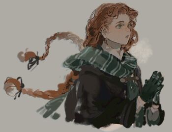 Rule 34 | black ribbon, black robe, blue eyes, collared shirt, gloves, green gloves, green scarf, grey background, gynger edventray (hiiragimare), hair ribbon, highres, hiiragimare, hogwarts legacy, hogwarts school uniform, hooded robe, long hair, open mouth, original, own hands together, red hair, ribbon, robe, scarf, school uniform, shirt, simple background, sketch, slytherin, twintails, upper body, white shirt, wizarding world