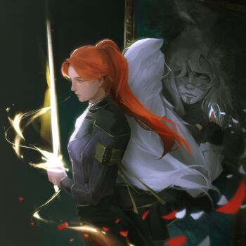 2girls alicia_(clair_obscur:_expedition_33) clair_obscur:_expedition_33 colored_skin commentary cracked_skin english_commentary eyelashes falling_petals glowing glowing_sword glowing_weapon grey_hair grey_skin high_ponytail highres holding holding_sword holding_weapon maelle_(clair_obscur:_expedition_33) multiple_girls olfos petals ponytail portrait_(object) red_hair red_petals standing sword weapon white_petals