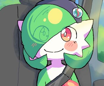 1girl blush_stickers bob_cut breasts derivative_work gardevoir gen_3_pokemon green_hair hair_ornament hairclip happy highres looking_at_viewer mega_stone melfunnysmell nintendo pokemon pokemon_(anime) pokemon_(creature) poketoon red_eyes screenshot_redraw sitting solo vehicle_interior