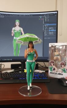 1girl agco black_hair bodysuit breasts cameltoe character_request cleavage fat_mons highres large_breasts photo_(medium) racing_suit screen tagme toy