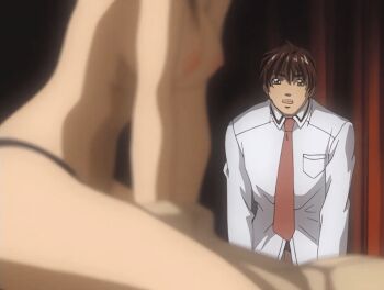 00s 1girl 2002 2boys anal animated animated_gif ass bible_black bible_black_night_of_the_walpulgiss bouncing_breasts bow bowtie breasts brown_hair chastity_belt completely_nude cowgirl_position crotchless crotchless_panties imari_kurumi large_breasts minase_taki multiple_boys nipples nude panties red_bow red_bowtie ritual school_uniform sex shirt straddling tagme underwear watching white_shirt