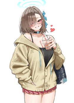1girl absurdres alternate_costume alternate_hairstyle asuna_(blue_archive) bag black_shirt blonde_hair blue_archive blue_eyes blue_halo blush breasts choker cleavage collarbone commentary cup drinking_glass english_commentary glasses grin hair_over_one_eye hair_ribbon halo hand_in_pocket highres holding holding_cup jacket kono_(xerondan321) large_breasts looking_at_viewer mole mole_on_breast partially_unbuttoned pink_skirt pleated_skirt ribbon school_bag shirt short_hair skirt smile solo thighs yellow_jacket
