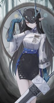 1girl absurdres ahoge ambience_synesthesia arknights arm_up black_hair black_skirt blue_hair blue_skin closed_mouth colored_skin covered_navel cowboy_shot dragon_girl dragon_horns dusk_(ambience_synesthesia)_(arknights) dusk_(arknights) earrings female_focus gradient_skin hair_over_one_eye hand_in_own_hair high-waist_skirt highres holding holding_sword holding_weapon horns jewelry long_hair long_sleeves looking_at_viewer mildt multicolored_hair official_alternate_costume orange_eyes pointy_ears skirt solo standing streaked_hair sword two-tone_hair very_long_hair weapon wide_sleeves