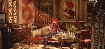 Rule 34 | 1boy, absurdres, black gloves, black pants, black shirt, book, book stack, bottle, candelabra, candle, candlestand, card, cat, chair, character name, chinese commentary, commentary request, couch, crossed legs, cup, cushion, daidai dai, desk lamp, diluc (genshin impact), drawer, drinking glass, eyebrows hidden by hair, flower, genshin impact, gloves, grey shoes, hair between eyes, highres, holding, holding cup, holding paper, indoors, jacket, lamp, light rays, long hair, long sleeves, male focus, napoleon crossing the alps, on couch, open book, open clothes, open jacket, painting (object), pants, paper, playing card, reading, red eyes, red hair, red jacket, shirt, shoes, sitting, smile, solo, sparkle, teacup, teapot, tulip, vase, white flower, white tulip, wide shot, wine bottle, wine glass, wine rack