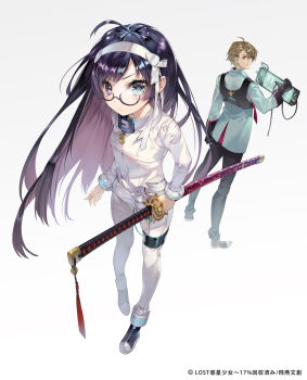1boy 1girl 909_(kagetsu99) ahoge black_gloves black_hair black_pants blonde_hair blue_eyes bodysuit glasses gloves green_jacket hairband heterochromia highres holding holding_sword holding_weapon jacket long_hair looking_at_viewer monitor novel_illustration official_art original pants purple_eyes semi-rimless_eyewear sheath sheathed sword under-rim_eyewear very_long_hair weapon white_background white_bodysuit yellow_eyes