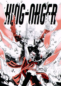 1boy 2023 20s :d absurdres adk-em arm_up artist_name bandai bandai_namco banner beetle bug caucasuskabuto_castle chromatic_aberration clenched_hand cloak copyright_name debris facial_mark fur-trimmed_cloak fur_trim gira_husty gishiyama highres holding holding_sword holding_weapon insect king long_sleeves looking_at_viewer male_focus mechanization monochrome multicolored_hair ohgercalibur ohsama_sentai_king-ohger open_mouth pixiv red_cloak red_eyes red_hair short_hair shugod simple_background smile solo spot_color stag_beetle streaked_hair super_sentai sword toei_company tokusatsu tv_asahi weapon white_background