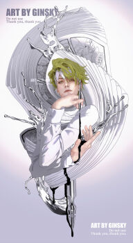 1boy absurdres artist_name cropped_torso diamond_wa_kudakenai echoes_(stand) ginsky2000 gradient_background green_eyes green_hair headband heaven&#039;s_door higashikata_josuke highres hirose_koichi holding holding_pen ink jojo_no_kimyou_na_bouken kishibe_rohan kuujou_joutarou liquid looking_at_viewer male_focus map nib_pen_(object) pen shirt short_hair simple_background solo stand_(jojo) star_platinum watermark white_headband white_shirt