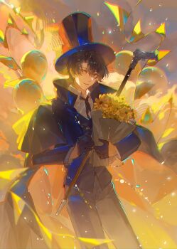 1boy absurdres balloon black_cape black_gloves black_hair black_hat black_necktie black_pants black_suit bouquet cane cape chinese_commentary chromatic_aberration collared_shirt cowboy_shot curtained_hair flower formal_clothes gloves hat heavy_chromatic_aberration highres holding holding_bouquet holding_cane klein_moretti looking_at_viewer lord_of_the_mysteries male_focus necktie pants popped_collar rengongfuyou shirt short_hair smile solo suit top_hat white_shirt yellow_eyes yellow_flower yellow_theme