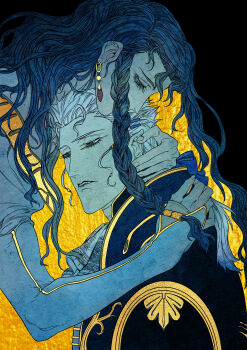 Rule 34 | 1boy, 1girl, absurdres, ascot, black background, blue bow, bow, braid, charlotte elbourne, commentary, couple, earrings, english commentary, fangs, fi-n-ona, hair bow, hair jewelry, highres, jewelry, meier link, pointy ears, simple background, vampire, vampire hunter d, vampire hunter d: bloodlust, white hair