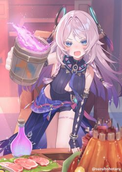 1girl armlet bare_shoulders black_leotard blue_eyes blue_skirt bracelet braid braided_sidelock breasts citlali_(genshin_impact) commentary_request cup detached_sleeves drunk facial_mark feather_hair_ornament feathers flask food genshin_impact gradient_hair hair_ornament highres jewelry leotard long_hair looking_at_viewer medium_breasts mug multicolored_hair open_mouth parted_bangs pink_hair ring_hair_ornament sash skirt solo sparkle suzuho_hotaru table thighs