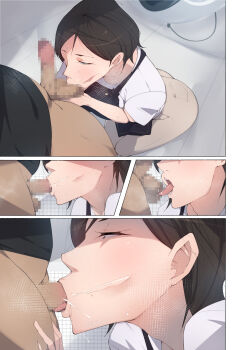 1girl :>= absurdres agovitch ass black_eyes black_hair blush bottomless censored close-up erection fellatio floor from_above from_side half-closed_eyes hataraku_onee-san-tachi:_mikonritsu_no_takai_machi_de_hataraku_tokoya_no_onee-san_ni_okuchi_de_shiborareru highres indoors kneeling legs licking mosaic_censoring multiple_views naughty_face nostrils open_mouth oral original penis sequential short_hair solo_focus standing sweat testicle_sucking thighs tongue tongue_out