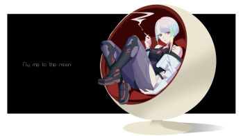 1girl absurdres bigroll breasts cigarette cyberpunk cyberpunk_(series) cyberpunk:_edgerunners dress eyeliner highres inscryption looking_at_viewer lucy_(cyberpunk) makeup off-shoulder_jacket off_shoulder red_lips short_hair simple_background sitting solo