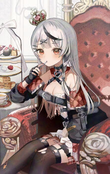 Rule 34 | 1girl, absurdres, armchair, asa going, belt collar, black collar, black garter straps, black gloves, black jacket, black streaks, black thighhighs, blush, breasts, camisole, chair, chest belt, cleavage, collar, commentary request, crown, fingerless gloves, fork, garter straps, gloves, grey hair, hair ornament, hairpin, highres, holding, holding fork, hololive, jacket, large breasts, long hair, looking at viewer, mini crown, multicolored hair, nail polish, on chair, red eyes, red jacket, red nails, red skirt, sakamata chloe, sakamata chloe (1st costume), sitting, skirt, solo, streaked hair, thighhighs, torn clothes, torn thighhighs, two-sided fabric, two-sided jacket, virtual youtuber, white camisole, x hair ornament