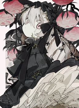 1girl absurdres bandaged_head bandages black_bonnet black_dress bonnet commentary dress english_commentary flower frown grey_hair highres layered_dress long_hair looking_at_viewer original pink_eyes pink_flower solo soresaki upper_body water