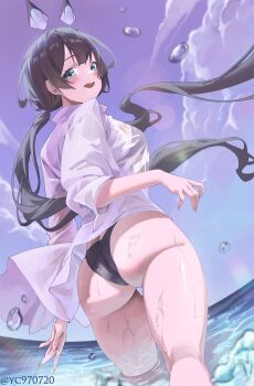 1girl absurdres ass bikini black_bikini blush commentary_request djmax djmax_respect fingernails floating_hair floating_headgear headgear highres korean_commentary lena_(djmax) long_hair looking_at_viewer looking_back outdoors refraction shirt smile solo swimsuit teeth thigh_gap twintails twitter_username upper_teeth_only very_long_hair wading wet wet_clothes wet_shirt white_shirt yc97