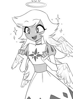 1girl :d absurdres belt bright_pupils clenched_hands commentary_request dress elbow_gloves emily_(hazbin_hotel) feather_hair_ornament feathers fewer_digits fingerless_gloves flipped_hair gloves greyscale hair_ornament halftone halo hazbin_hotel hellaverse highres long_hair looking_ahead menma_(enaic31) monochrome multiple_wings open_mouth puff_and_slash_sleeves puffy_sleeves signature simple_background smile solo sparkle swept_bangs tareme teeth tongue turtleneck turtleneck_dress upper_body upper_teeth_only very_long_hair watermark white_background wings