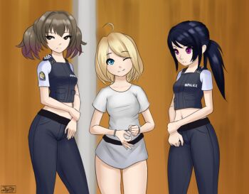3girls artist_request blonde_hair breasts brenton_tarrant cuffs dress female_focus gender_request genderswap handcuffs jay156 multiple_girls navel nazi pants police real_life shirt standing tagme terrorist