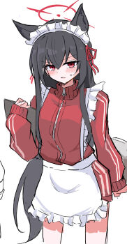1girl animal_ear_fluff animal_ears apron black_hair blue_archive blush bone_hiko commentary_request frilled_apron frills hair_between_eyes halo jacket jersey_maid long_hair looking_at_viewer maid maid_headdress oekaki paint_chat_(medium) parted_lips partial_commentary red_eyes red_halo red_jacket red_ribbon ribbon simple_background sleeves_past_wrists solo sweatdrop turtleneck turtleneck_jacket unconventional_maid very_long_hair waist_apron white_apron white_background yukino_(blue_archive) zipper_pull_tab