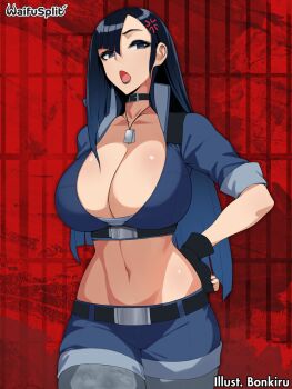 1girl anger_vein artist_name blue_eyes blue_hair bonkiru breasts disgust fingerless_gloves gloves hand_on_own_hip huge_breasts jewelry judy_(waifusplit) lips long_hair navel necklace red_background shorts unzipped waifusplit
