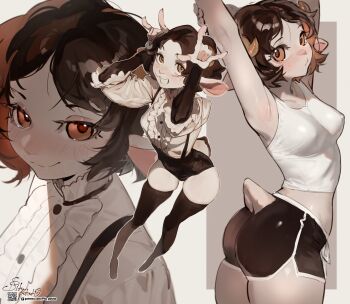 1girl animal_ears ass black_shorts black_sleeves blush breasts brown_eyes brown_hair collarbone commentary covered_erect_nipples detached_sleeves english_commentary furry furry_female goat_ears goat_girl goat_horns goat_tail hands_up highres horns medium_breasts medium_hair multicolored_hair original pita-potato shiny_clothes shiny_skin shirt short_hair shorts smile tail two-tone_hair white_shirt