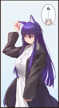 2girls absurdres ak8531848 animal_ear_fluff animal_ears arm_up black_robe blunt_bangs cat_ears chibi closed_eyes closed_mouth dress earrings elf fern_(sousou_no_frieren) floating_earrings frieren grey_hair hair_ornament hand_to_head high_collar highres jewelry long_hair long_sleeves multiple_girls parted_bangs pleated_dress pointy_ears purple_eyes raised_eyebrows robe sidelocks simple_background sleeves_past_wrists sousou_no_frieren speech_bubble straight_hair teardrop twintails unhappy white_dress