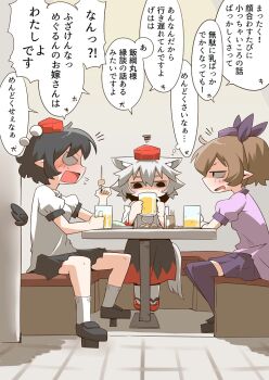 3girls alcohol animal_ears beer beer_mug black_hair black_shoes booth_seating brown_hair commentary_request cup drinking drunk flying_sweatdrops frown geta grey_hair half-closed_eye hat himekaidou_hatate indoors inubashiri_momiji looking_at_another mug multiple_girls notice_lines open_mouth pointy_ears purple_hat purple_thighhighs red_hat red_shoes saliva shameimaru_aya shoes short_hair sitting smile socks squiggle table tail thighhighs tokin_hat touhou translation_request twintails v-shaped_eyes white_socks wolf_ears wolf_girl wolf_tail zannen_na_hito