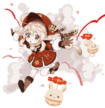1girl :o ahoge backpack bag bare_legs blonde_hair blush boots brown_boots brown_gloves newsboy_cap charm_(object) commentary dodoco_(genshin_impact) dress explosion eyelashes full_body genshin_impact gloves hat hat_feather highres klee_(genshin_impact) long_sleeves looking_at_viewer open_mouth outstretched_arms pointy_ears randoseru red_dress red_eyes red_hat running short_twintails sidelocks simple_background solo spread_arms sushi_171 teeth twintails upper_teeth_only white_background
