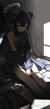 1girl bare_legs black_dress black_hair black_jacket blue_archive bug butterfly china_dress chinese_clothes closed_mouth double_bun dragon_print dress expressionless grey_eyes grey_halo hair_between_eyes hair_bun halo highres insect jacket kisaki_(blue_archive) long_hair looking_to_the_side pelvic_curtain siguma_(13238772100) single_bare_shoulder sitting sleeveless sleeveless_dress solo striped_clothes striped_jacket twintails vertical-striped_clothes vertical-striped_jacket