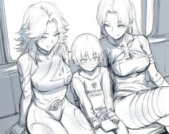 1boy 2girls absurdres age_difference blush bodysuit breasts commentary earrings english_commentary english_text fantastic_four greyscale half-closed_eyes hews highres hoop_earrings jewelry large_breasts licking_lips looking_at_another marvel marvel_rivals monochrome multiple_girls nerv nose_blush onee-shota psylocke psylocke_(vengeance) shota sitting sketch smile sue_storm text_print tongue tongue_out unfinished x-men