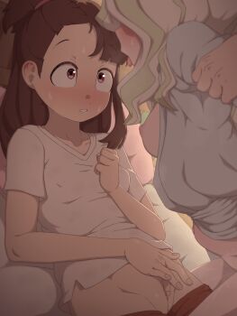 1boy 2girls blush brown_hair clothes_pull diana_cavendish female_masturbation grabbing_another's_arm highres kagari_atsuko little_witch_academia loli long_hair masturbation moaning multiple_girls nipples open_clothes open_shirt ponytail pubic_hair pussy red_eyes rockset sex shirt shorts shorts_pull stomach_bulge sweat thighs tongue tongue_out