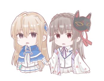 2girls black_hair blonde_hair blue_capelet blunt_bangs blush braid brown_hair capelet chibi collared_shirt cropped_torso crossed_bangs crown_braid eyelashes fox_mask hair_between_eyes hair_ornament heaven_burns_red highres holding_hands jacket japanese_clothes kimono kiryuu_miya long_hair long_sleeves looking_at_another looking_at_viewer mask mask_on_head miniskirt mole mole_under_eye multiple_girls neck_ribbon open_mouth parted_lips pleated_skirt purple_eyes purple_ribbon red_eyes red_ribbon ribbon school_uniform shenyan256 shirakawa_yuina shirt sidelocks simple_background skirt straight_hair tassel tassel_hair_ornament transparent_background upper_body very_long_hair white_background white_jacket white_shirt white_skirt wide_sleeves